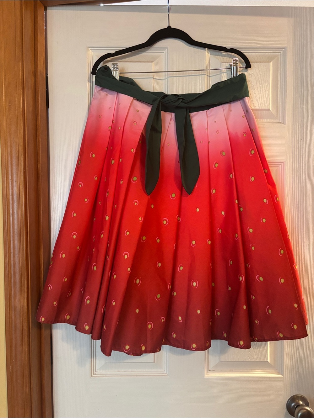 Unique Vintage Red Strawberry Circle-Print Skater Skirt with Olive Waist Tie